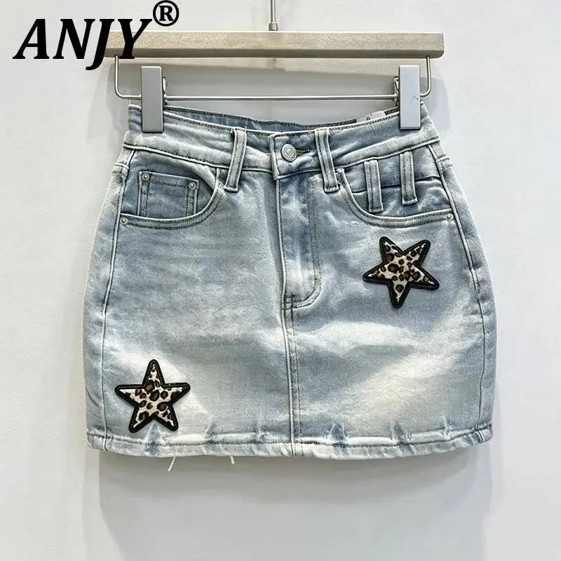 

ANJY Spring Summer New Women Vintage Washed Chic Star Pattern Slim Fit Denim Short Skirt Casual Distressed Bodycon Skirts A24833