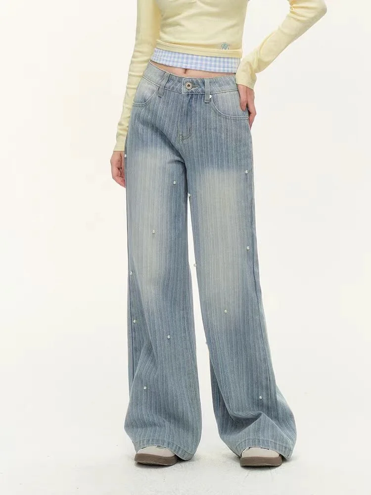 2025 Trashy Y2K Fashion Pearl Striped Washed Blue Baggy Jeans Pants For Women Clothing Wide Leg Lady Denim Trousers Ropa Mujer