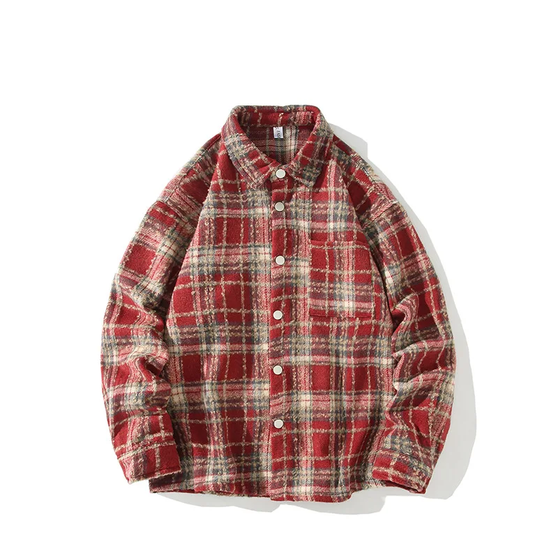 Autumn and Winter New American Vintage Men\'s Wool Shirt Long Sleeve Loose Plaid Shirt Jacket Couple Coat