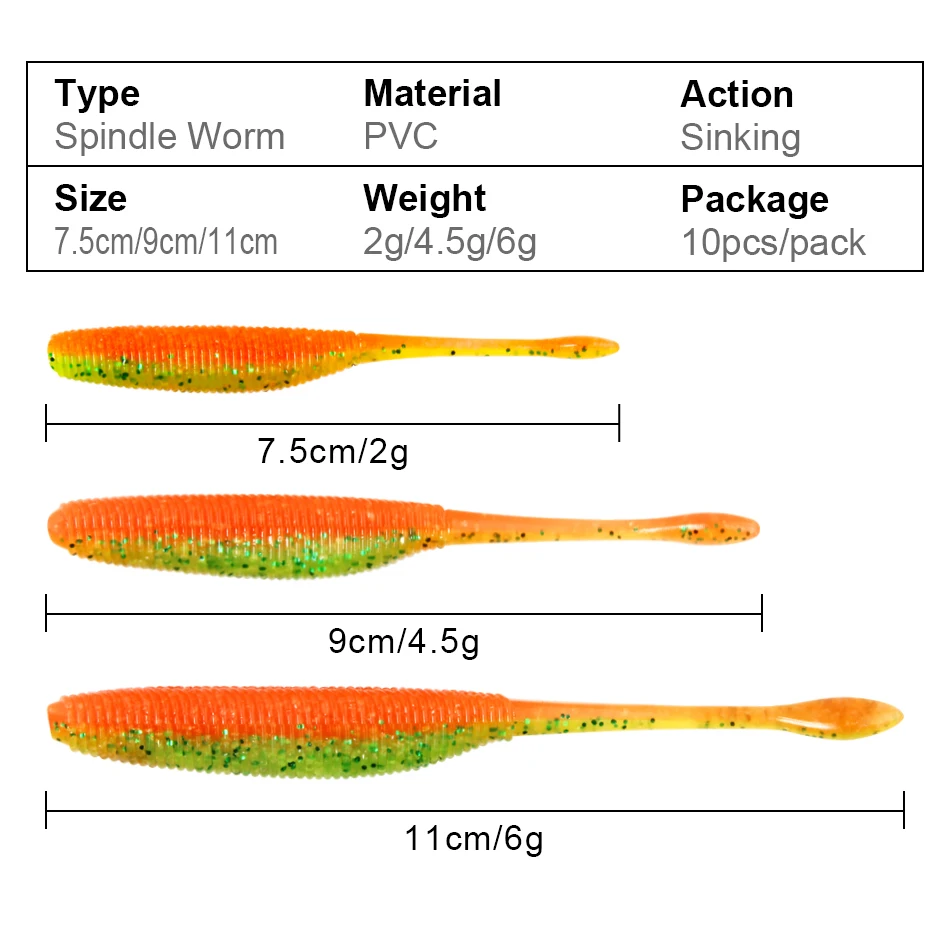 Spinpoler Soft Spindle Worm Lures Ribbed Body Salted Swimbait 7.5/9/11cm Artificial Fishing Freshwater Bass Trout Pike Pesca