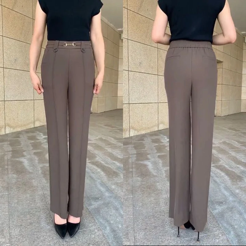 Summer New Thin Elastic Waist Fashion Solid Color Straight Pants Women High Waist Pockets Patchwork Button High Street Trousers