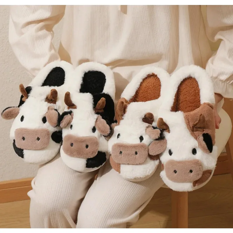 

Winter Couples Slippers Warm Plush Cartoon Cow Indoor Anti Slip Comfortable Cotton Home Slippers for Men and Women