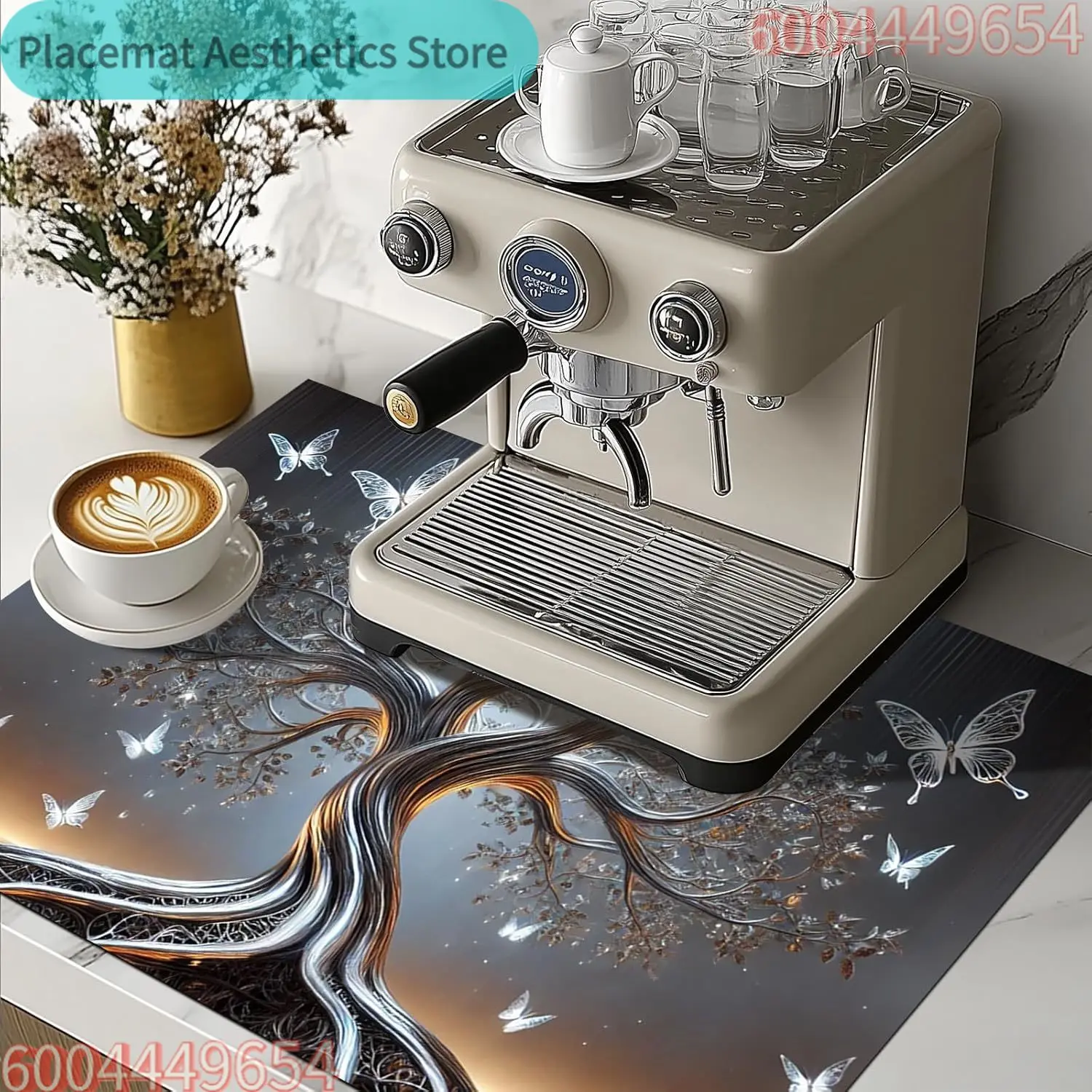 Silver Tree of Life & Butterfly Stove Cover – Diatomite Mat for Cooktop Protection, Dish Drying & Kitchen Decor