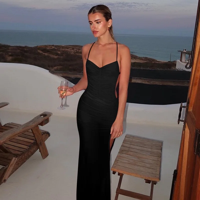 2025年ホットセール レディースファッション シースルー ハイ スリット バックレス ストラップドレス