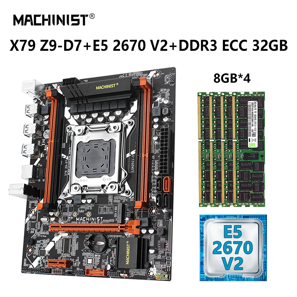 

MACHINIST X79 Motherboard Kit Xeon E5 2670 V2 CPU Set LGA2011 Processor 32GB=8gb*4 DDR3 ECC RAM Memory Combo NVME M.2 SATA Z9-D7