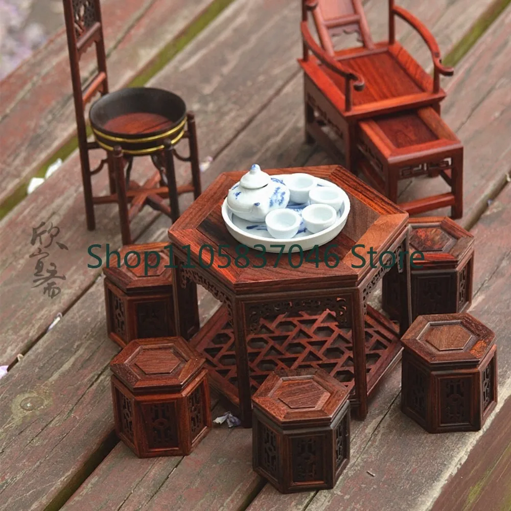 Miniature Furniture Model Redwood Mini Furniture Solid Wood Red Acid Branch Miniature Bedroom Bed Dining Table Washing Stand