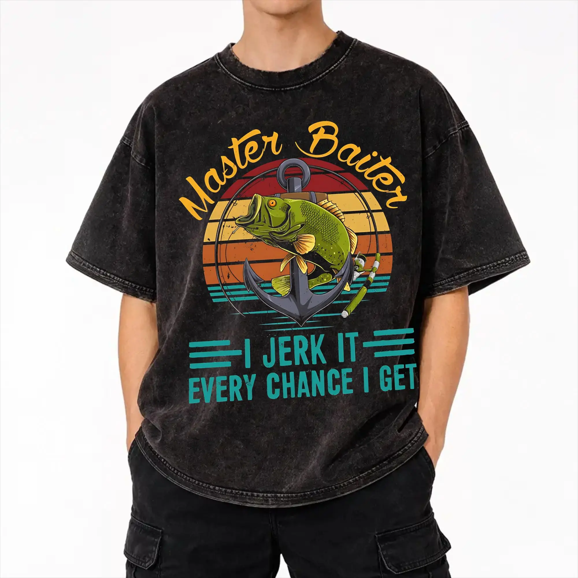 Summer Master Baiter Funny Fishing  Washed Shirt Outfit Oversize T-Shirt  for Men Women Tee