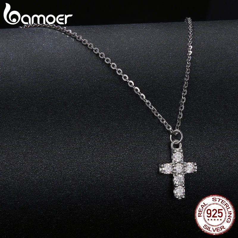 BAMOER White Gold Plated Moissanite Cross Necklace for Women, 925 Sterling Silver Small Religious Faith Cross Necklace Xmas Gift