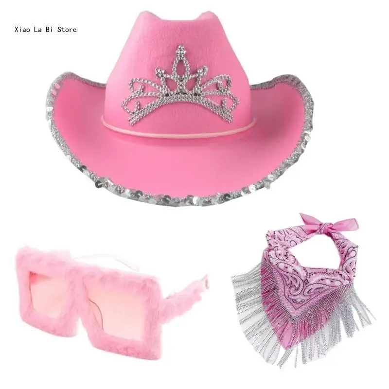 Blingbling Cowgirl Hat Sunglasses and Scarf Sequined Brim Hat and Scarf Sequined Brim Hat for Role Play XXFD