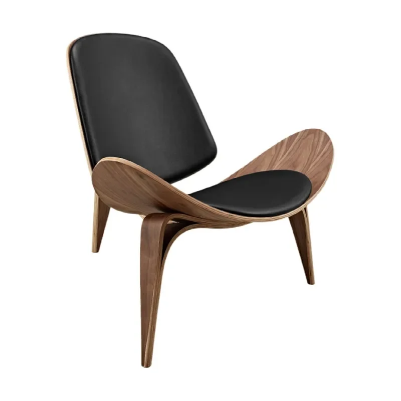 Three-Legged Shell Chair Ash Plywood Black Real Leather Living Room Furniture Modern Shell Chair Replica