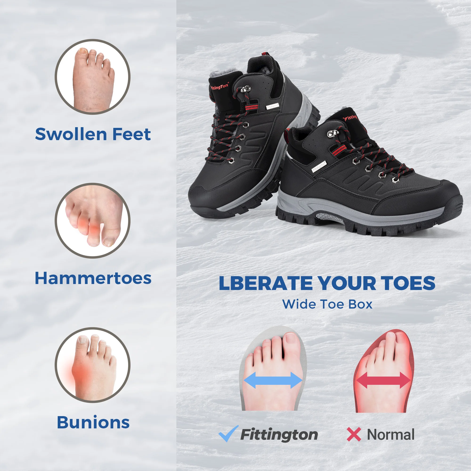 Fittington Men's Boots Wide Toe Fleece Lined Warm Snow Winter Boots for Men Anti‑Slip Mid‑Top Safety Hiking Shoes  Arch Support