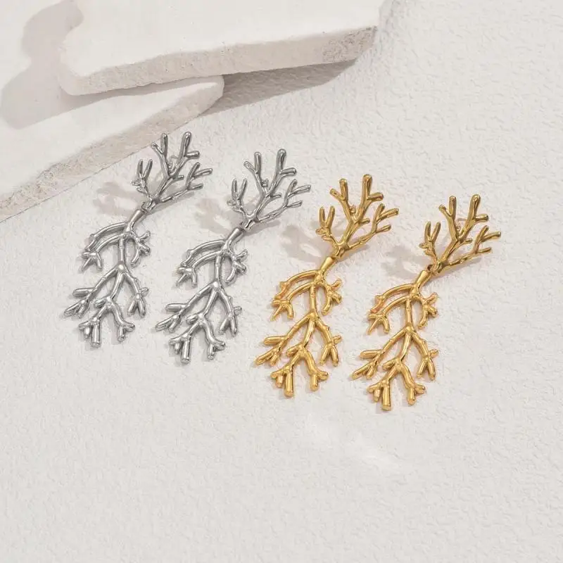 الفولاذ المقاوم للصدأ شجرة فرع أقراط للنساء فاسق شرابات طويلة معدنية المرجان إسقاط أقراط سحر الأذن مجوهرات اكسسوارات الفتيات #4