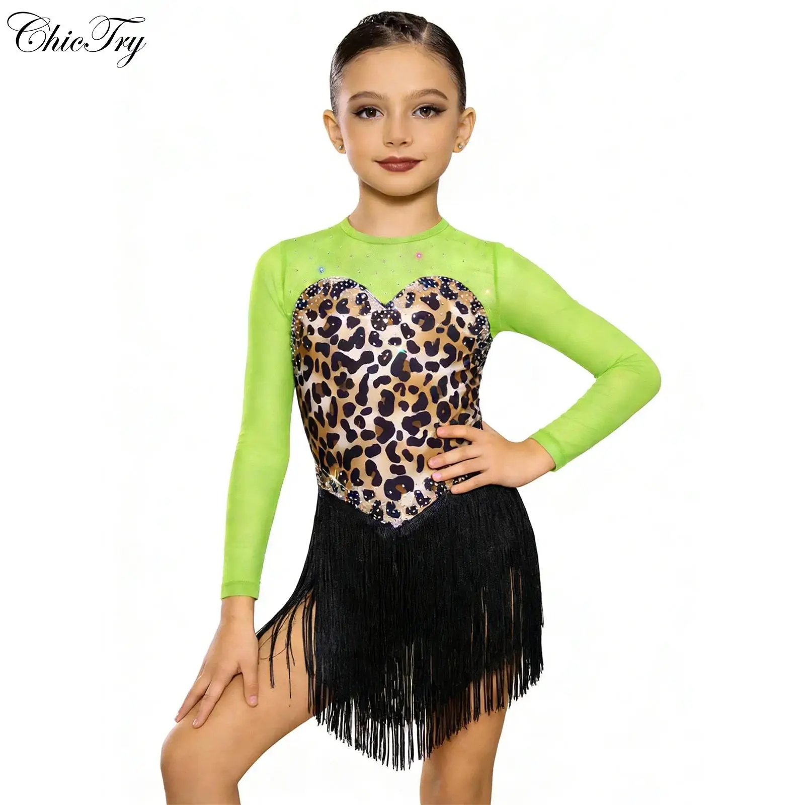 Kids Girls Leopard Print Fringe Latin Dance Dress Long Sleeve Keyhole Back Rhinestone Tassel Dress Stage Show Costume
