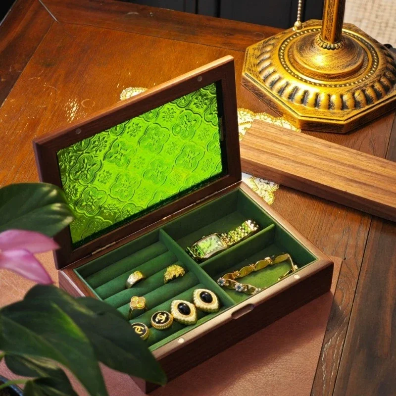 Solid Wood Jewelry Storage Box Small Ring Necklace Earring Display Boxes Retro Jewellery Showcase Case Jewelry Cases With Glass
