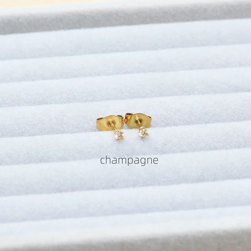 3055 2mm Schwarz-Weiß-Champagner-Zirkon-Ohrstecker, rund, schlicht, Edelstahl, IP-beschichtet, kein Verblassen, antiallergisch – Detail 5