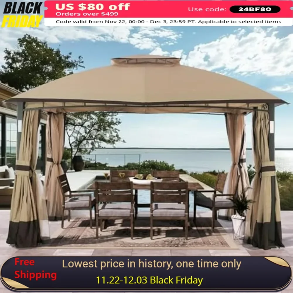 

Patio Gazebo 11'x13' With LED Lights, With Stable Metal Frame, Double Roofs, Netting And Curtains For Backyard, Garden, Lawn