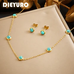 DIEYURO 316L Stainless Steel Turquoise Simplicity Golden Necklace Earrings For Women 2024 New Fashion Jewelry Set Party Gifts