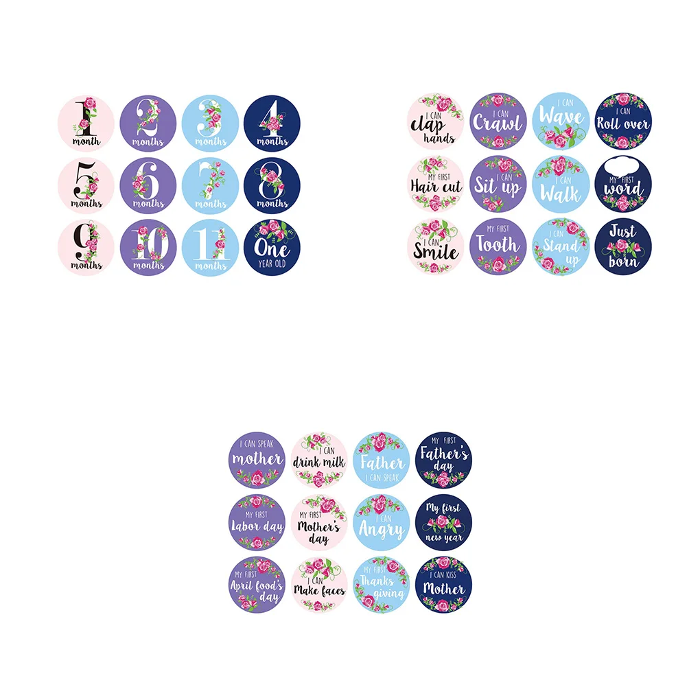 12pcs Baby Monthly Milestone Stickers Floral Newborn Girls Month Stickers First Year Photo Props