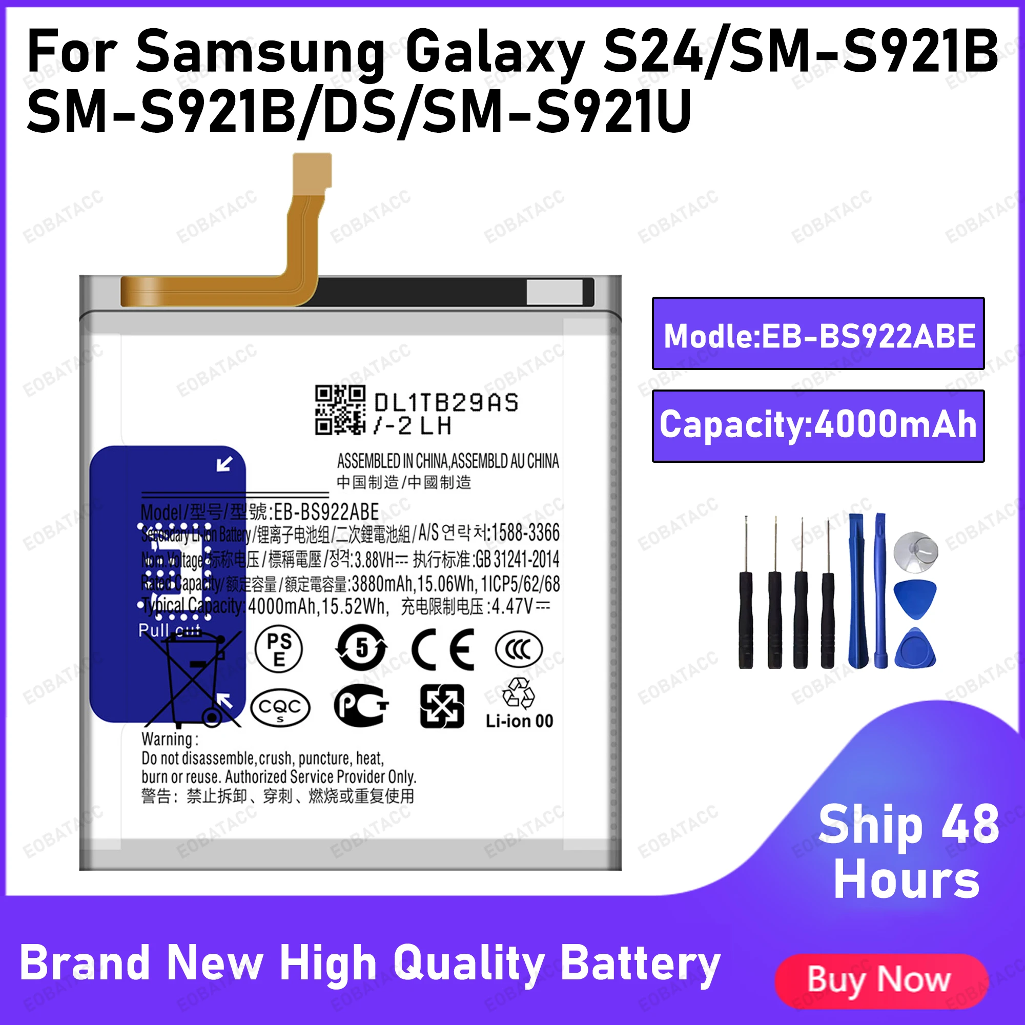 

4000mAh EB-BS922ABE Battery For Samsung Galaxy S24/SM-S921B Large capacity Batteries+Free Tools