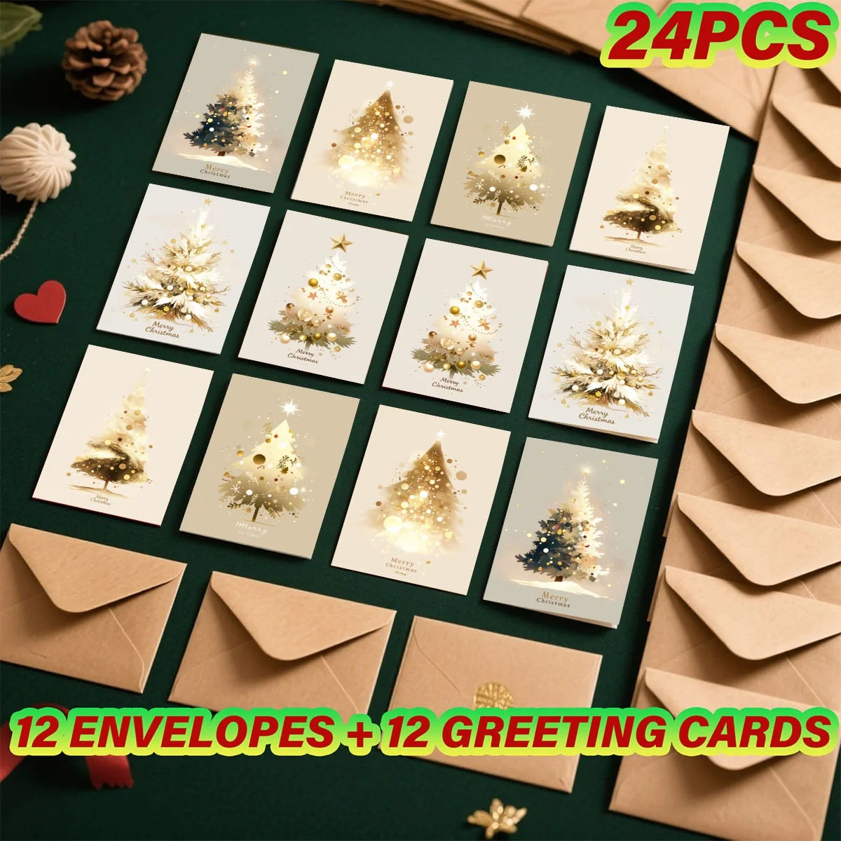 24Pcs Christmas Greeting Cards Set (12 Cards +12 Envelopes), Gold Christmas Tree Folded Cards 10×15cm, Xmas Message Thank You Ca