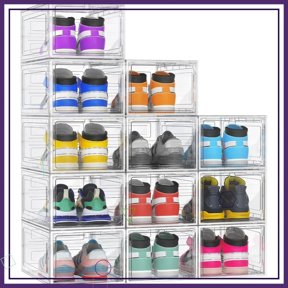 

12 Pack Clear Stackable Shoe Boxes with Lids, Sturdy Thickened Storage Organizer for Closet Display