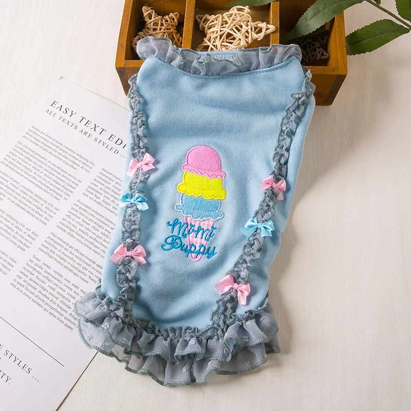 Pet Dog Clothes Ice Cream Dress for Dogs Clothing Cat Small Bowknot Lacework Cute Thin Summer Blue Chihuahua Pet Products 2023