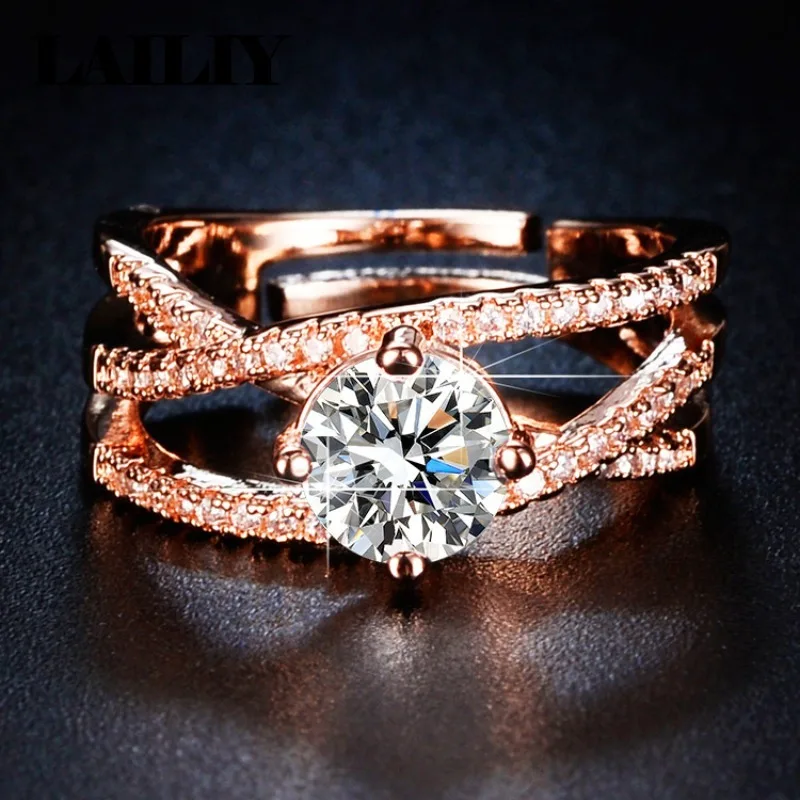 LAILIY 925 Sterling Silver Rose Gold Birthday Gift Wedding Party Diamond Studded 1Ct Adjustable Ring for Women Fashion Jewelry - view 3
