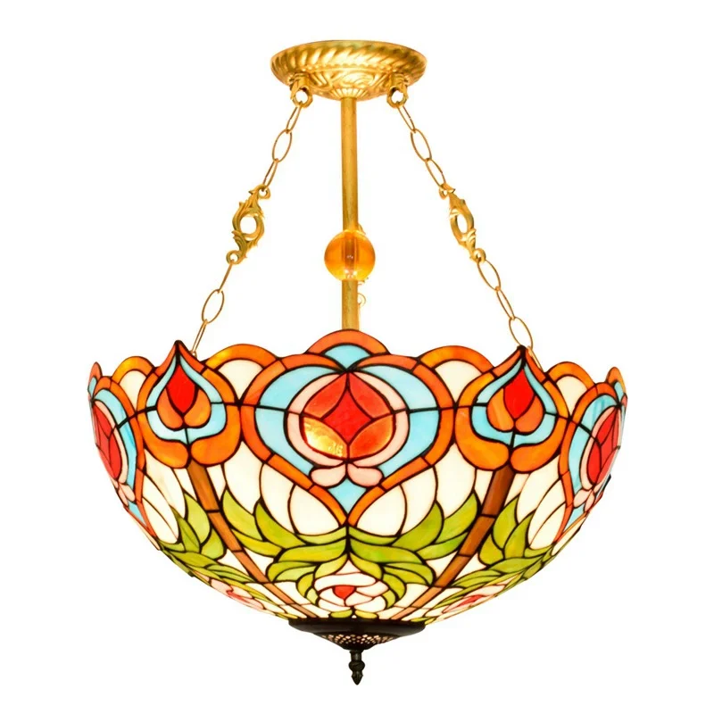 20 Inch Restaurant Tiffany Light Vintage Colorful Country Peach Stained Glass Dome Lampshade for Decorated Semi Pendant Lamp