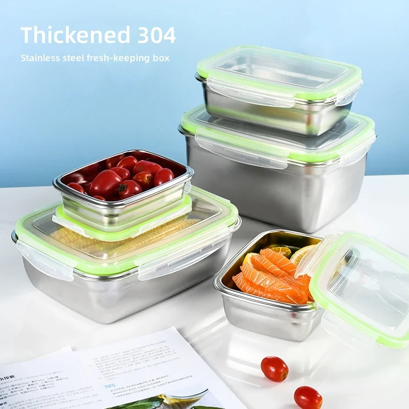 

304 Stainless Steel Fresh-keeping Box Sealed Leak Proof Lunch Box Fruit Box with Lid Dumpling Container Refrigerated Storage Box