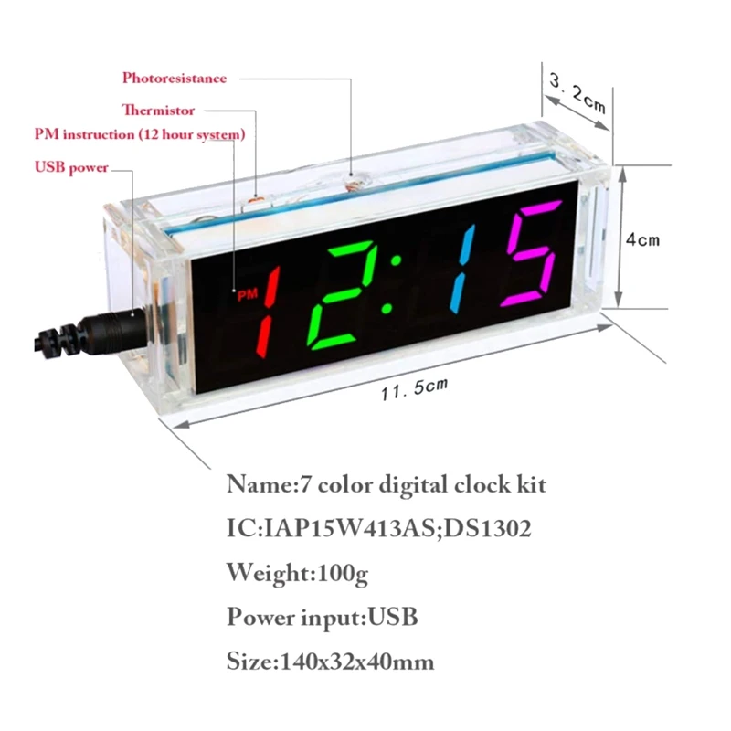 DIY Clock Kit 4 Digital Tube LED Time Week Temperature Date Display With Clear Case Cover