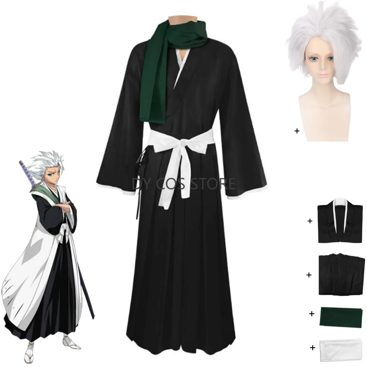 

Аниме Bleach Hitsugaya Toushirou Косплей Костюм Gotei 13 Капитан Японское кимоно Халат Шарф Парик Мужчина Женщина Костюм на Хэллоуин