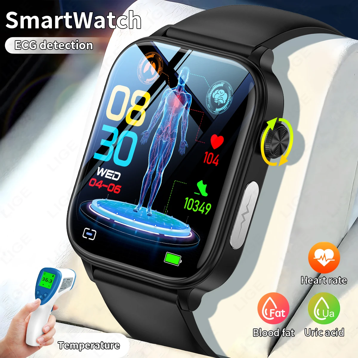 LIGE New Medical Grade ECG Smart Watch For Men Uric Acid SOS First Aid Function Sport Wristwatch Bluetooth Call Women Smartwatch