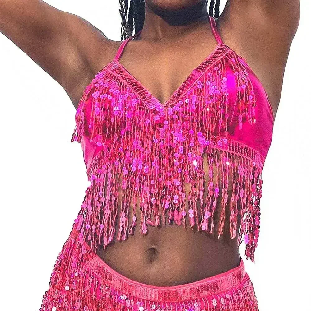 Women Belly Dance Sequin Tassel Fringe Top Nightclub Performance Halter Bra Dance Wear Stage Show Costumes