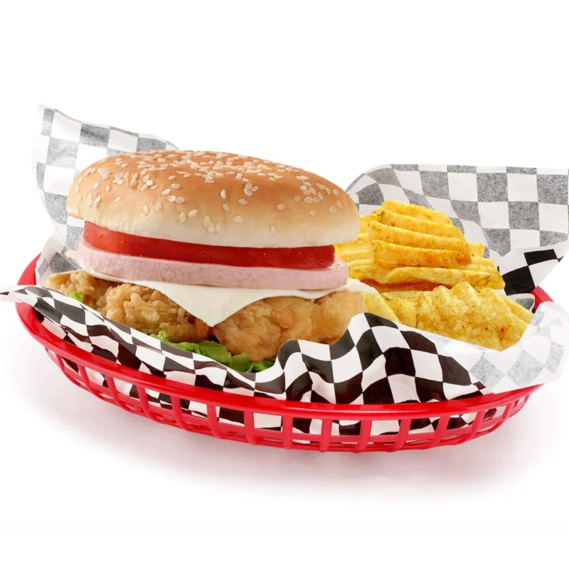 

24Pcs Plastic Basket Serving Tray French Fries Basket Oval Fast Food Tray Restaurant Bar Fries Food Service Tray Red