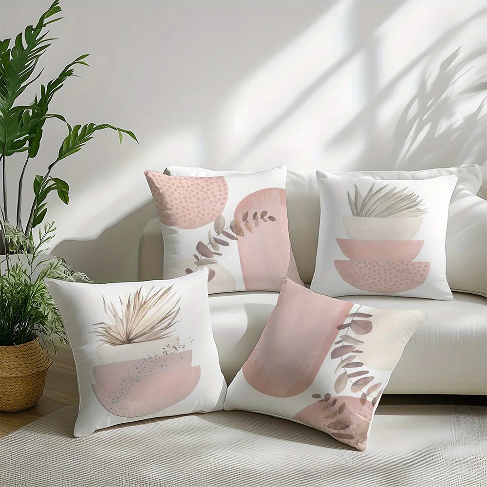 1PC 2D Flat Boho Pink Beige Botanical Throw Pillow Covers Neutral Tone Home Decor Cushion Cases for Bedroom Sofa No Pillow Core