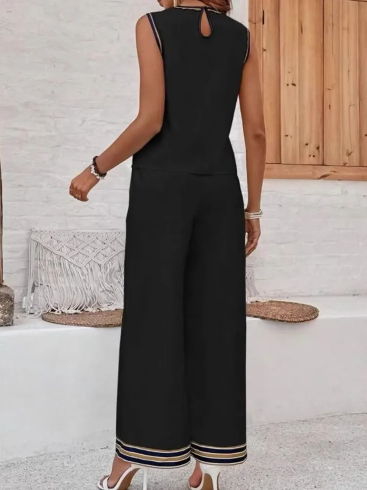 レディースファッション ノースリーブトップスとハイウエストワイドレッグパンツの2ピースセット エレガントなパッチワークデザイン ボヘミアン風 ホリデー/夏服