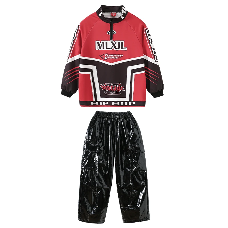 Boys Hip Hop Contrast Sweatshirt PU Leather Cargo Pants Girls K-pop Street Dance Costumes Kids Jazz Clothes Children Streetwear