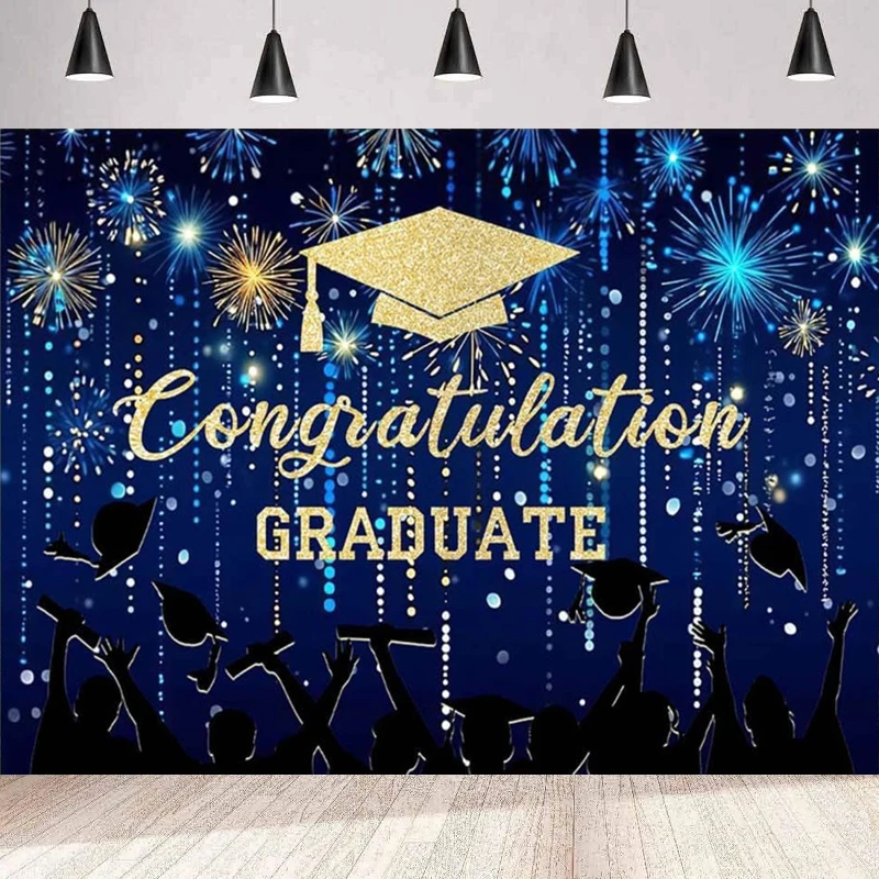 Graduate Photography Backdrop for Blue Glitter Class Of Graduation Background Wall Graduation Party Fireworks Bachelor Hat Decor