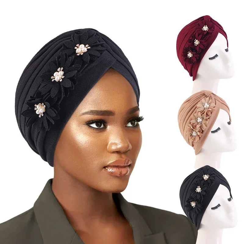 

Indian Flower Pearl Bead Turban Pleated Inner Hijab Hat Women Chemo Cap Muslim Headscarf Beanies Bonnet Hair Loss Turbante Mujer