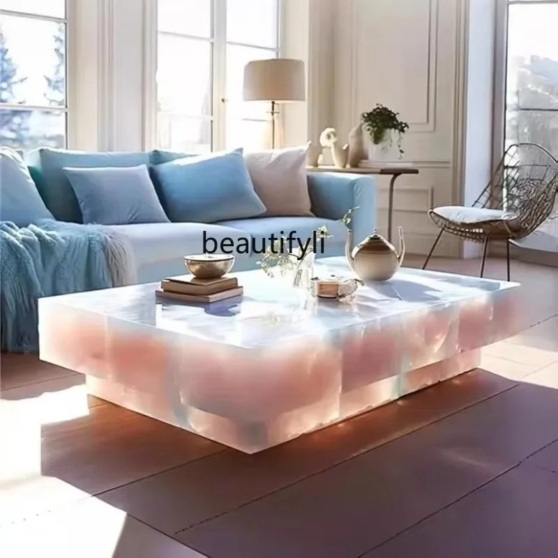 B132 Square Ice Crack Onyx Luminous Coffee Table Tea Table for Bar Pub Restaurant 48'' 1200mm Back Lighted Translucent Furniture