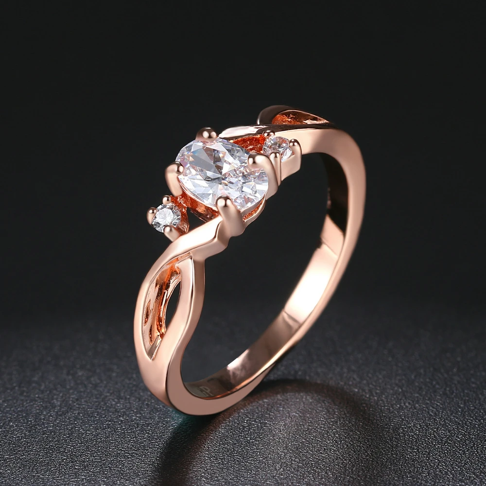 ZHOUYANG Wedding Rings For Women Simple Wavy Shape Four Claw Oval Cubic Zirconia Rose Gold Color Party Gift Fashion Jewelry R785