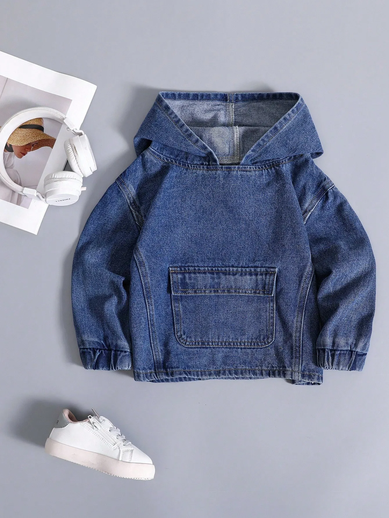 

Kids Denim Hooded Jacket with Front Pocket, Loose Fit Casual Outerwear for Autumn