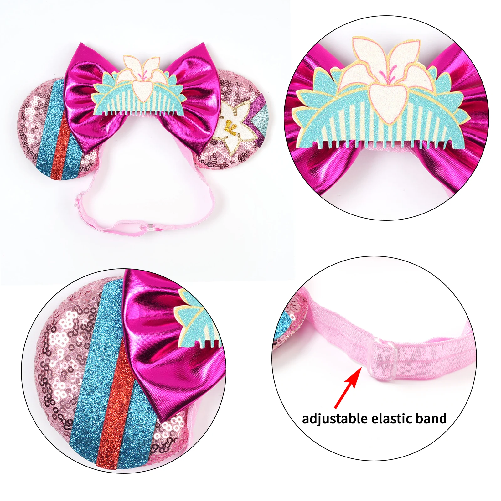 Mulan elastische Haarbänder für Mädchen, Cosplay, Cartoon-Kleidung, Ohren, Haarschmuck, Damen, Magnolienblüten, Pailletten, Schleife, Stirnband für Kinder – Detail 4