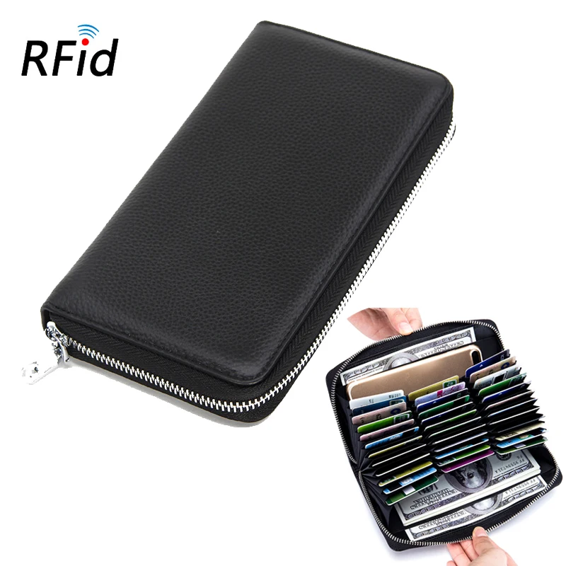 

RFID Natural Cow Leather Women Wallet 36 Slots Many Departments Zipper Purse Multi-Card Bit Card Pouch Business Case Card Holder