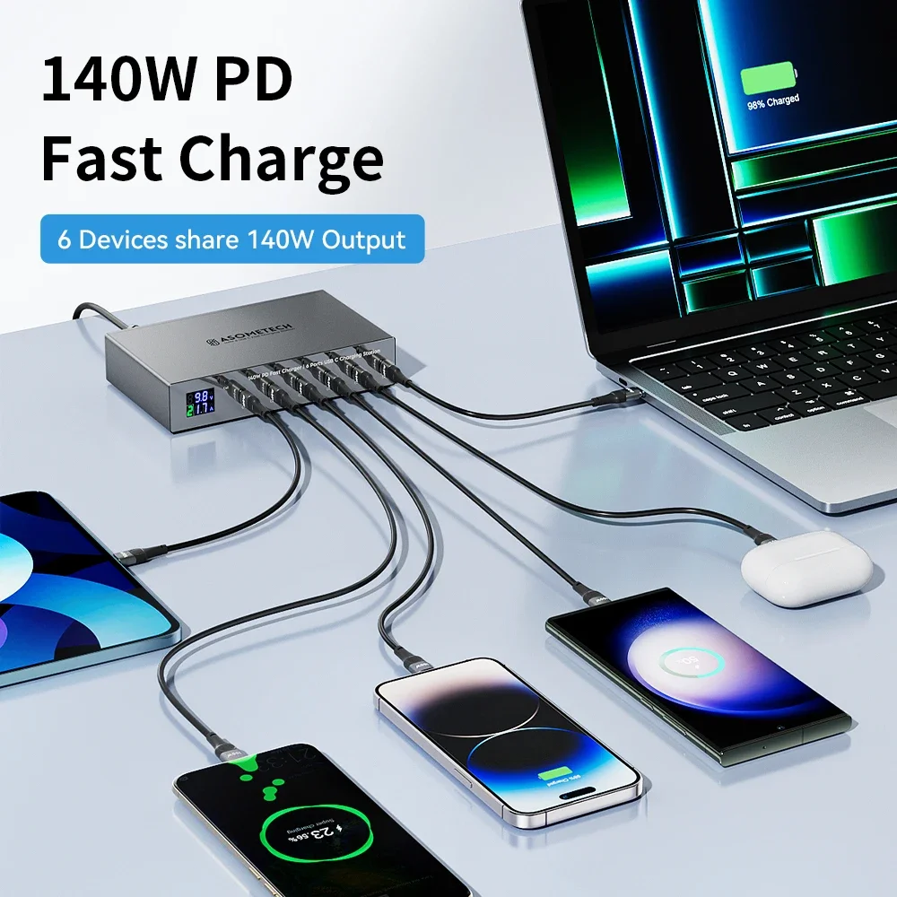 140W 6 Ports USB C Fast Charger PD 30W Type C Charging Station With Digital Display For IPhone 14 13 Pro Max Samsung Xiaomi Ipad