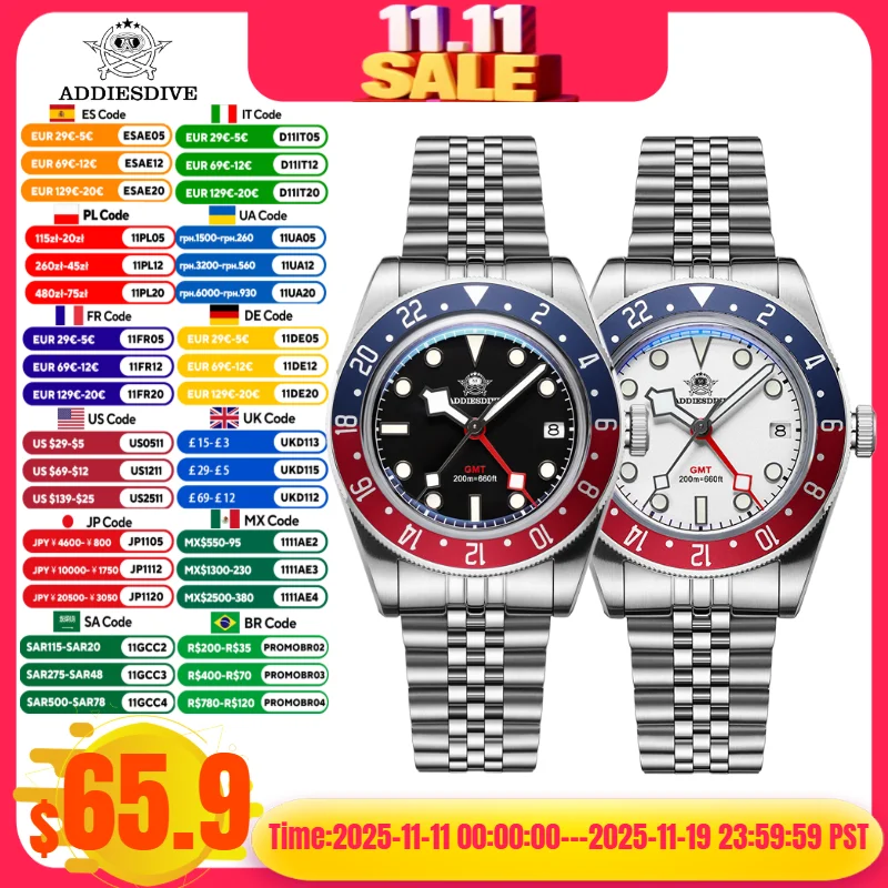 

ADDIESDIVE AD2044 Man Quartz Watches Swiss Ronda 515-24H BGW9 Super Luminous 20Bar Diving GMT Watch Men's Watch