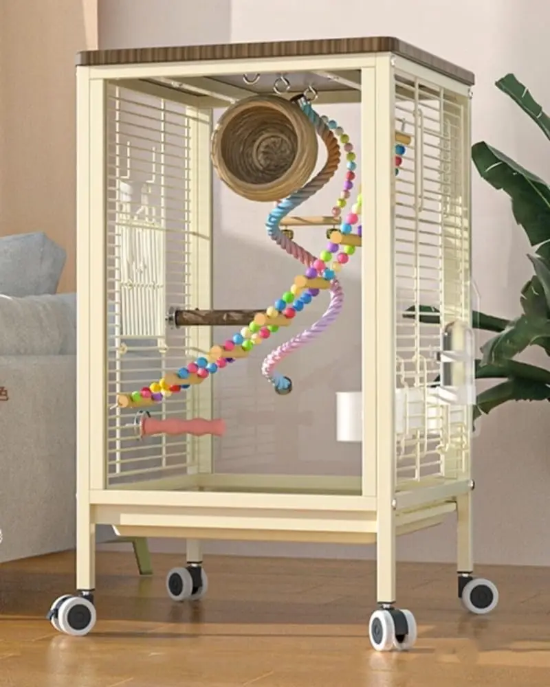 Medium Bird Cage with Rolling Wheels, Modern Clear Decorative Birdcage for Lovebirds, Hill Mynas, Budgerigars, Sun