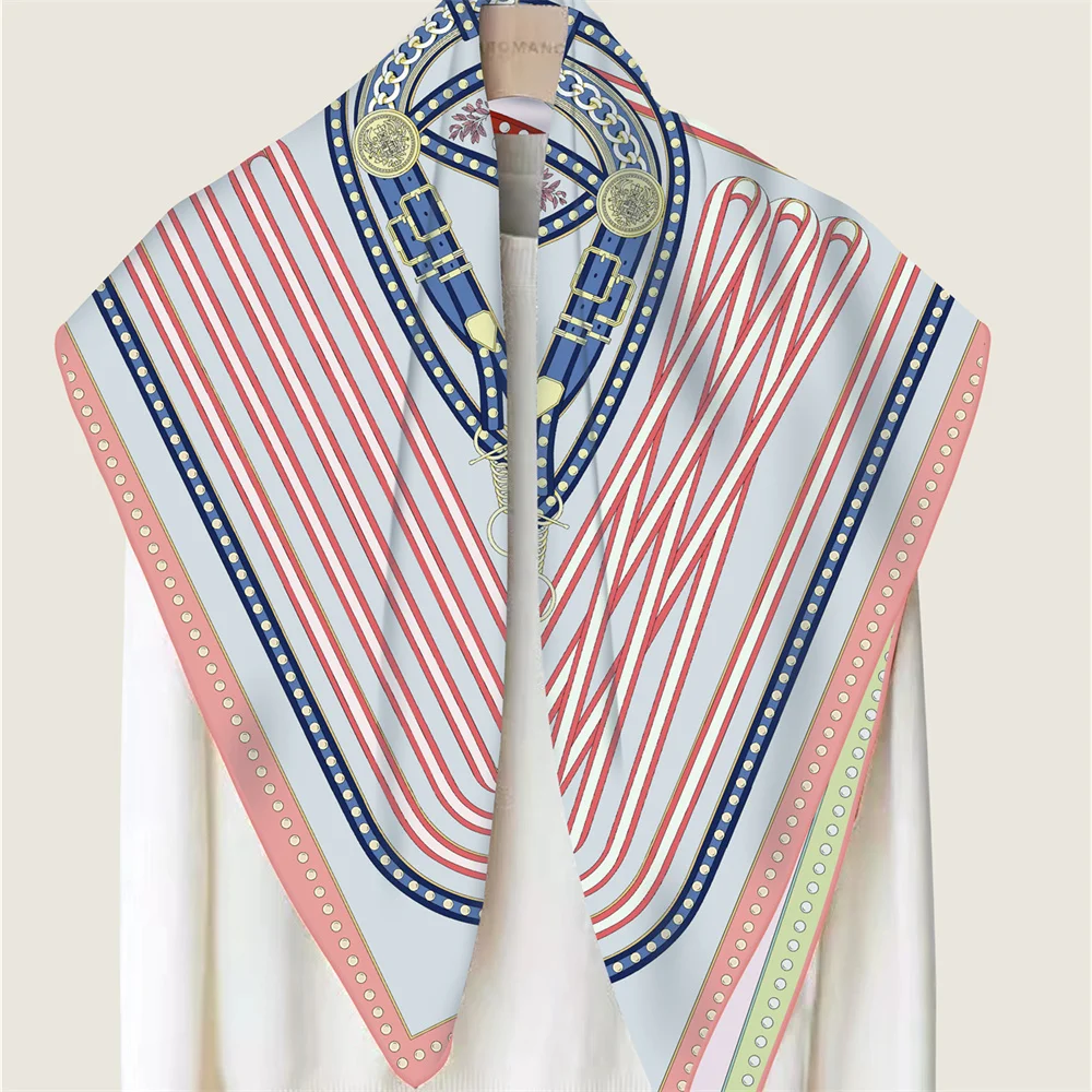 POBING Manual Hand Rolled Twill Silk Scarf Women Melt Chain Double Print Square Scarves Wraps Echarpes Foulards Femme Hijab 90CM