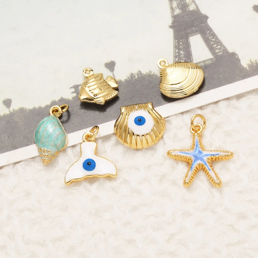 OCESRIO White Enamel Blue Eye Whale Tail Charms for Bracelet Copper Gold Plated Conch Seastar Fish Keychain Purse Charm chma449