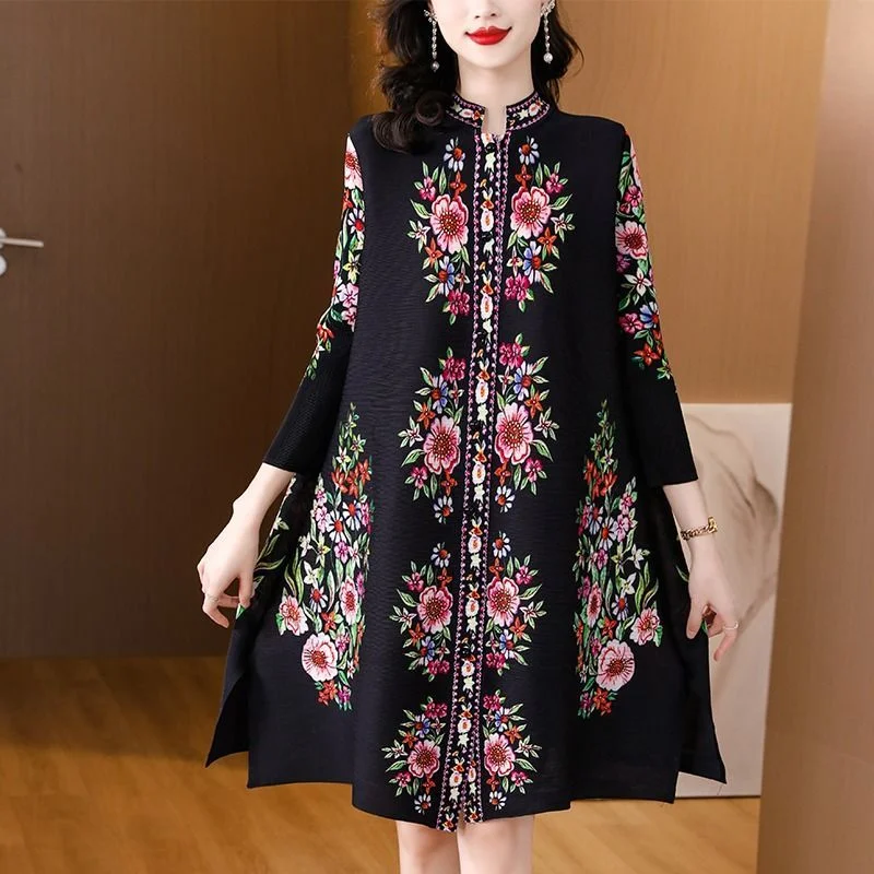

Elegant plus Size Vintage Print Maxi Dress Pleated Loose Fit Polyester Fiber Spring City Commute Style Fairy Skirt 883